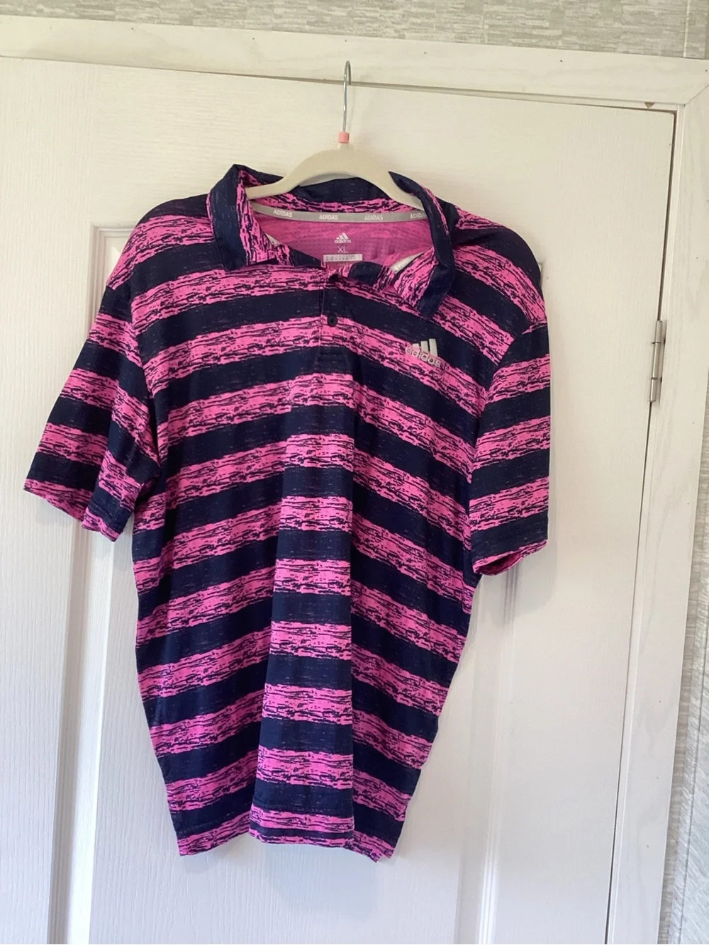 adidas Men's Pink and Navy Striped Polo Shirt XL Euc